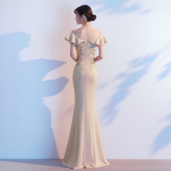 Perfect Look Beautiful Evening Banquet Temperament Sexy Solid Color Off Shoulder Fishtail Long Dress