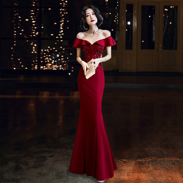 Perfect Look Beautiful Evening Banquet Temperament Sexy Solid Color Off Shoulder Fishtail Long Dress