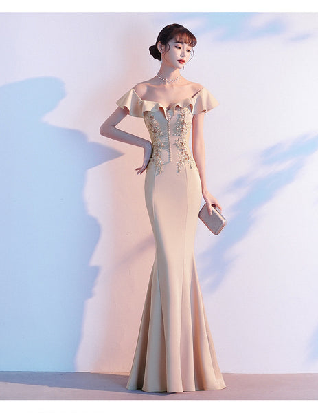 Perfect Look Beautiful Evening Banquet Temperament Sexy Solid Color Off Shoulder Fishtail Long Dress