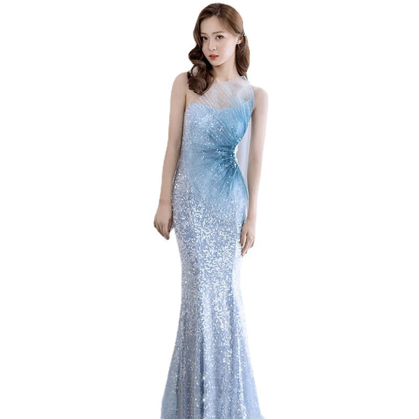 Stunning Starry Luxury Sky Blue Fairy Mermaid Sequins Low Back Women Trailing Tail Dress