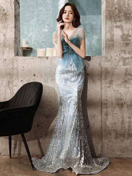 Stunning Starry Plus Size Blue Mermaid Sequined Luxury Back Big Mesh Bow Fairy Women Dress