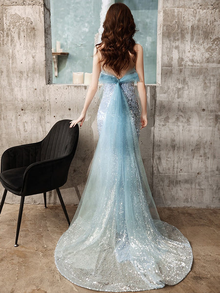 Stunning Starry Plus Size Blue Mermaid Sequined Luxury Back Big Mesh Bow Fairy Women Dress