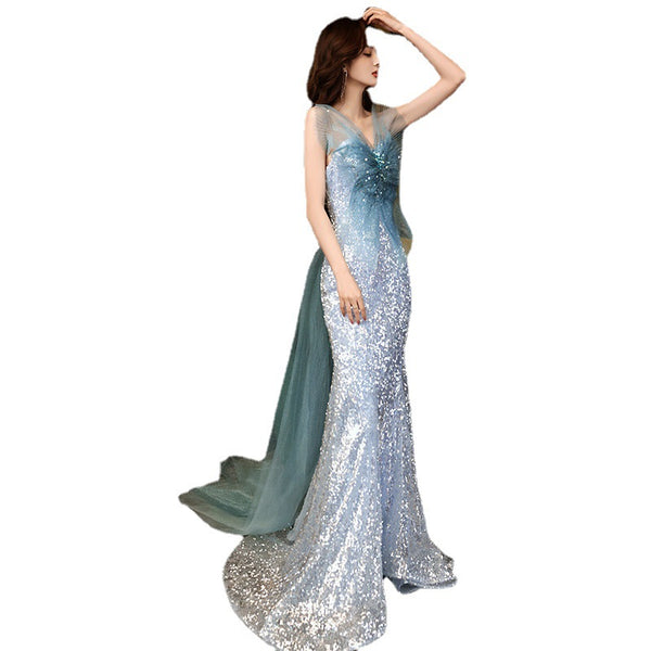 Stunning Starry Plus Size Blue Mermaid Sequined Luxury Back Big Mesh Bow Fairy Women Dress
