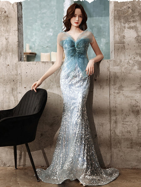 Stunning Starry Plus Size Blue Mermaid Sequined Luxury Back Big Mesh Bow Fairy Women Dress