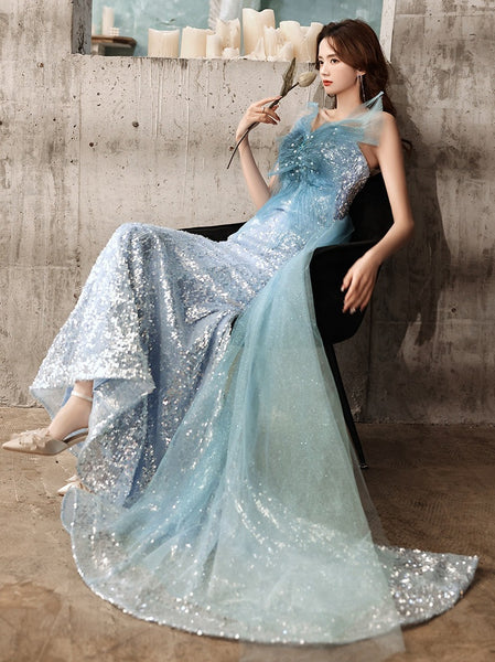 Stunning Starry Plus Size Blue Mermaid Sequined Luxury Back Big Mesh Bow Fairy Women Dress