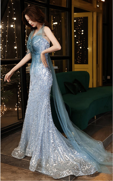 Stunning Starry Plus Size Blue Mermaid Sequined Luxury Back Big Mesh Bow Fairy Women Dress