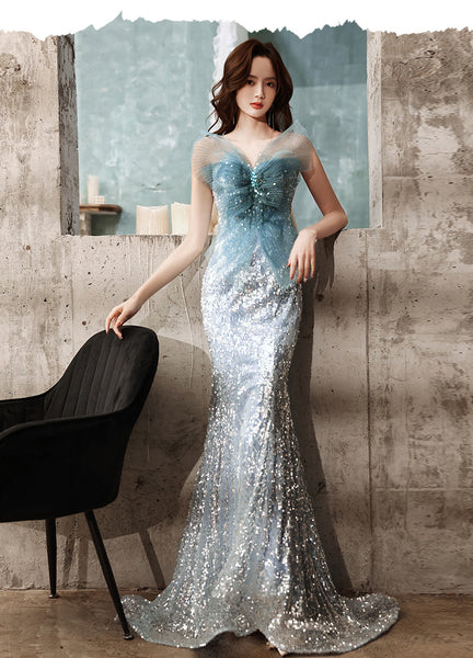 Stunning Starry Plus Size Blue Mermaid Sequined Luxury Back Big Mesh Bow Fairy Women Dress