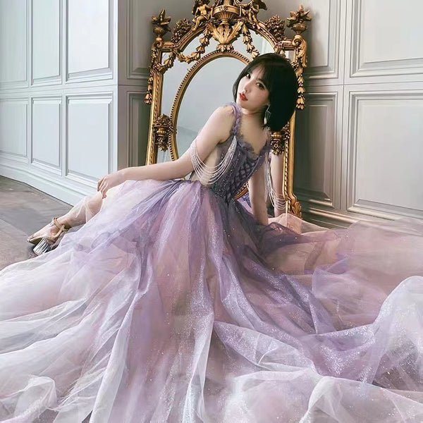 Starry Plus Size Purple Front Embroidered Beads Shoulder Shiny Tassel Big Swing Women Dress