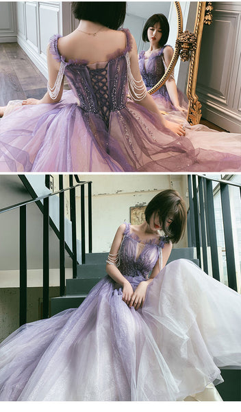 Starry Plus Size Purple Front Embroidered Beads Shoulder Shiny Tassel Big Swing Women Dress