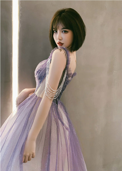 Starry Plus Size Purple Front Embroidered Beads Shoulder Shiny Tassel Big Swing Women Dress