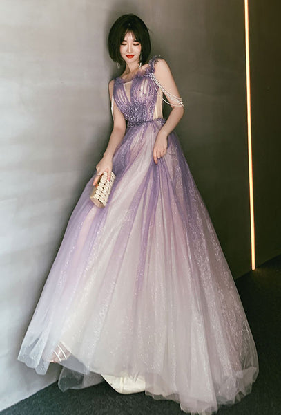 Starry Plus Size Purple Front Embroidered Beads Shoulder Shiny Tassel Big Swing Women Dress