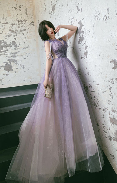 Starry Plus Size Purple Front Embroidered Beads Shoulder Shiny Tassel Big Swing Women Dress