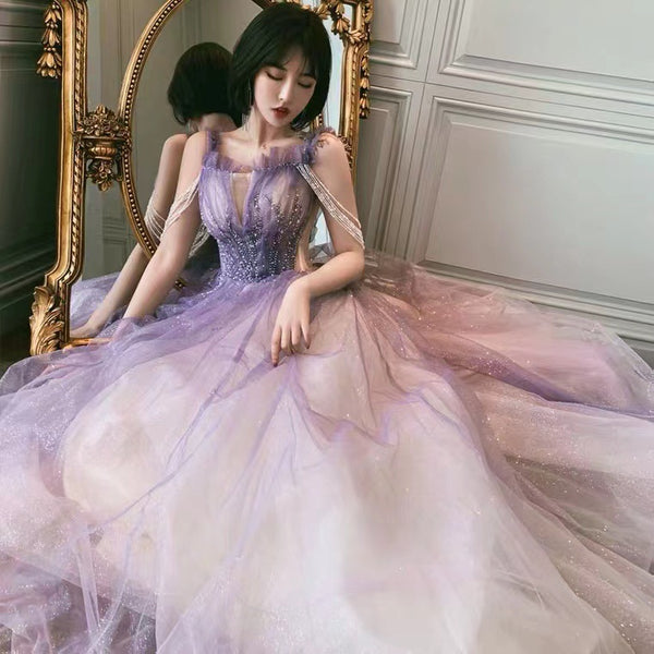 Starry Plus Size Purple Front Embroidered Beads Shoulder Shiny Tassel Big Swing Women Dress