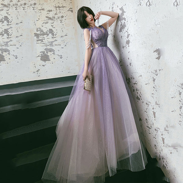 Starry Plus Size Purple Front Embroidered Beads Shoulder Shiny Tassel Big Swing Women Dress