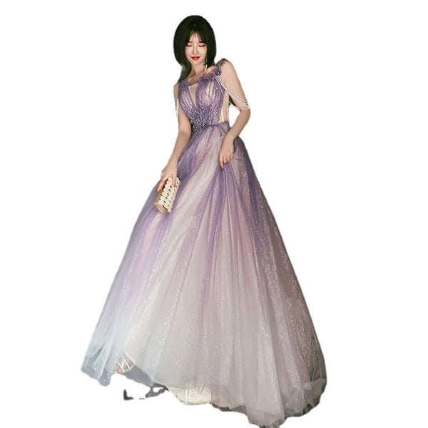 Starry Plus Size Purple Front Embroidered Beads Shoulder Shiny Tassel Big Swing Women Dress