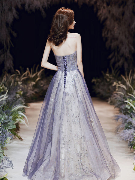 Stunning Sexy Tube Top Evening Women Mesh Strapless Banquet Fairy Backless Purple Long Party Big Swing Dress