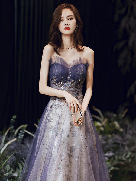 Stunning Sexy Tube Top Evening Women Mesh Strapless Banquet Fairy Backless Purple Long Party Big Swing Dress