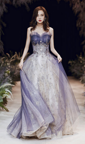 Stunning Sexy Tube Top Evening Women Mesh Strapless Banquet Fairy Backless Purple Long Party Big Swing Dress