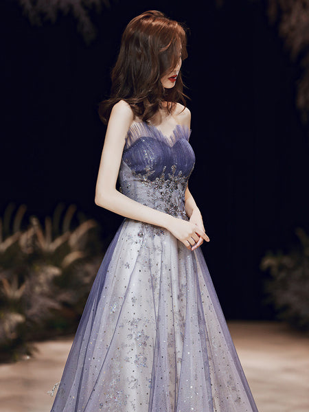 Stunning Sexy Tube Top Evening Women Mesh Strapless Banquet Fairy Backless Purple Long Party Big Swing Dress