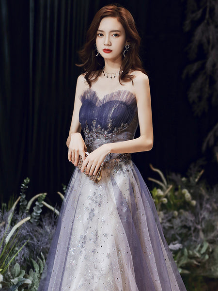 Stunning Sexy Tube Top Evening Women Mesh Strapless Banquet Fairy Backless Purple Long Party Big Swing Dress