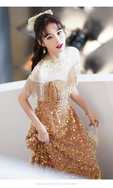 Gorgeous Temperament Blink Sequined Evening Tassel Off Shoulder Banquet Long Big Swing Dress Skirt