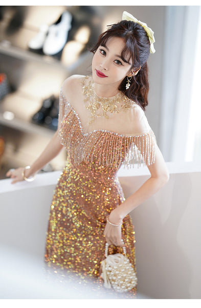 Gorgeous Temperament Blink Sequined Evening Tassel Off Shoulder Banquet Long Big Swing Dress Skirt