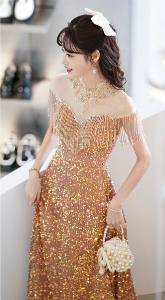 Gorgeous Temperament Blink Sequined Evening Tassel Off Shoulder Banquet Long Big Swing Dress Skirt