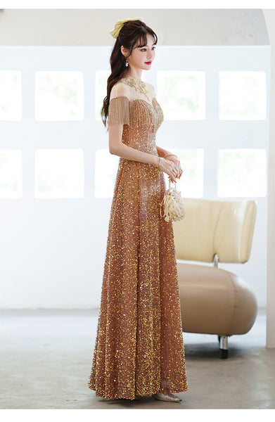 Gorgeous Temperament Blink Sequined Evening Tassel Off Shoulder Banquet Long Big Swing Dress Skirt