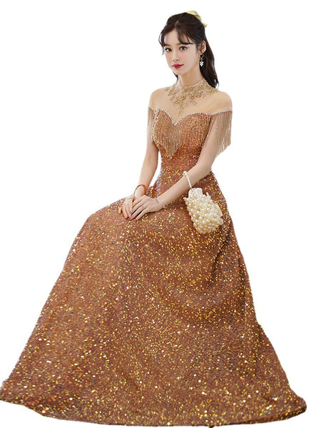 Gorgeous Temperament Blink Sequined Evening Tassel Off Shoulder Banquet Long Big Swing Dress Skirt