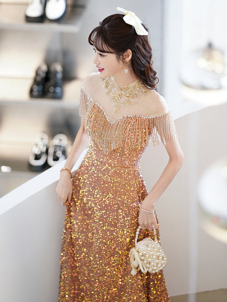 Gorgeous Temperament Blink Sequined Evening Tassel Off Shoulder Banquet Long Big Swing Dress Skirt