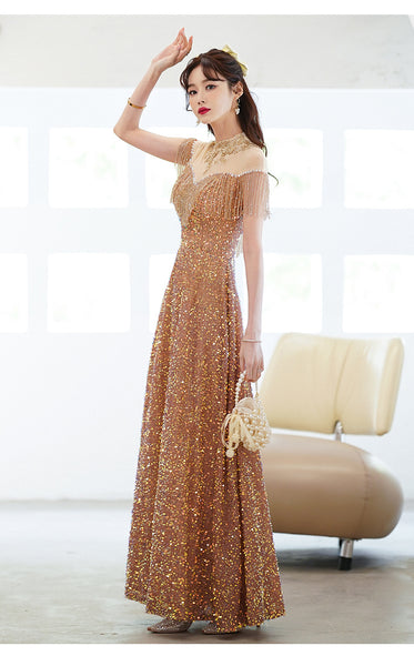 Gorgeous Temperament Blink Sequined Evening Tassel Off Shoulder Banquet Long Big Swing Dress Skirt
