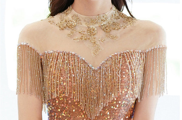 Gorgeous Temperament Blink Sequined Evening Tassel Off Shoulder Banquet Long Big Swing Dress Skirt