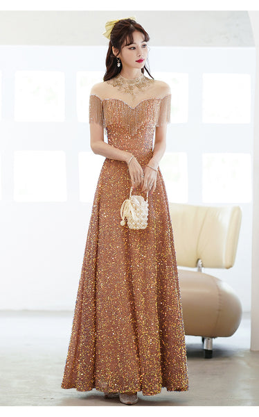 Gorgeous Temperament Blink Sequined Evening Tassel Off Shoulder Banquet Long Big Swing Dress Skirt