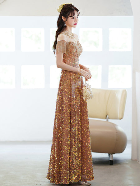 Gorgeous Temperament Blink Sequined Evening Tassel Off Shoulder Banquet Long Big Swing Dress Skirt