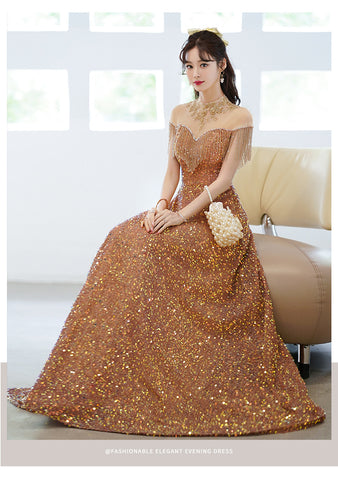 Gorgeous Temperament Blink Sequined Evening Tassel Off Shoulder Banquet Long Big Swing Dress Skirt