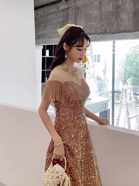 Gorgeous Temperament Blink Sequined Evening Tassel Off Shoulder Banquet Long Big Swing Dress Skirt