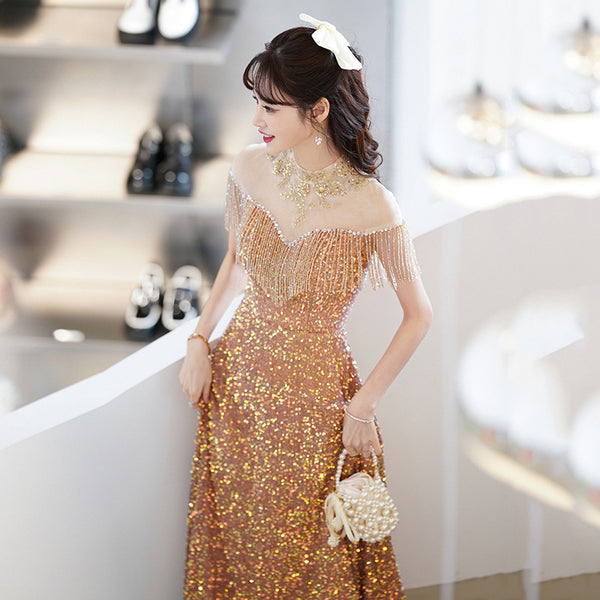 Gorgeous Temperament Blink Sequined Evening Tassel Off Shoulder Banquet Long Big Swing Dress Skirt