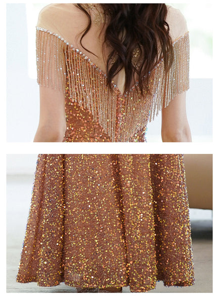 Gorgeous Temperament Blink Sequined Evening Tassel Off Shoulder Banquet Long Big Swing Dress Skirt
