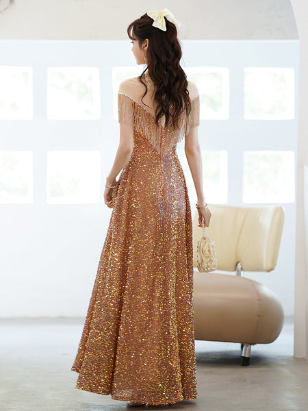 Gorgeous Temperament Blink Sequined Evening Tassel Off Shoulder Banquet Long Big Swing Dress Skirt