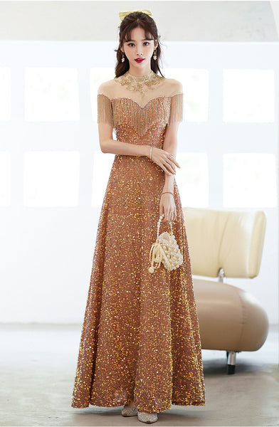 Gorgeous Temperament Blink Sequined Evening Tassel Off Shoulder Banquet Long Big Swing Dress Skirt
