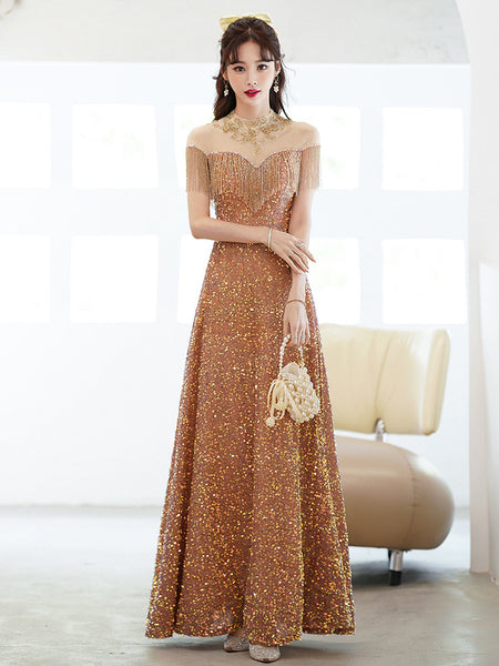 Gorgeous Temperament Blink Sequined Evening Tassel Off Shoulder Banquet Long Big Swing Dress Skirt