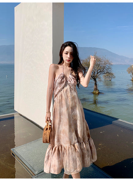 Cozy Seaside Summer Holiday Organza Halter Tie Dye Strap Wrap Bust Pleated Hem Long A-Line Women Dress
