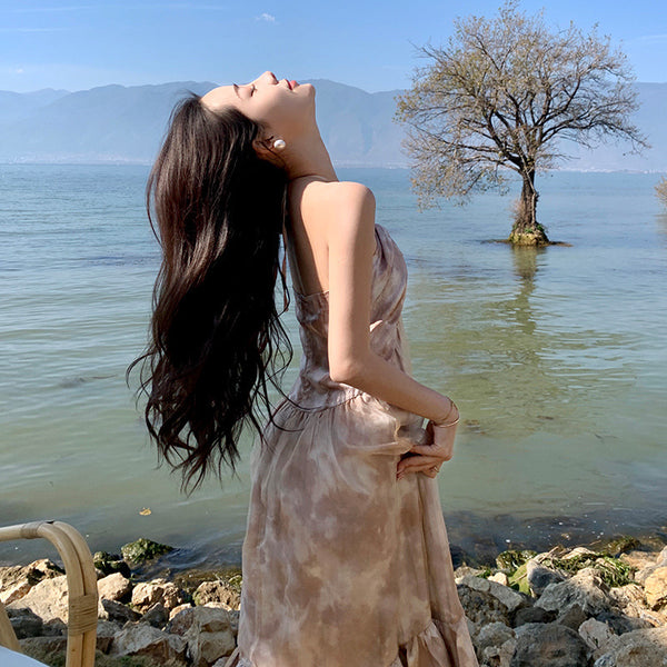 Cozy Seaside Summer Holiday Organza Halter Tie Dye Strap Wrap Bust Pleated Hem Long A-Line Women Dress