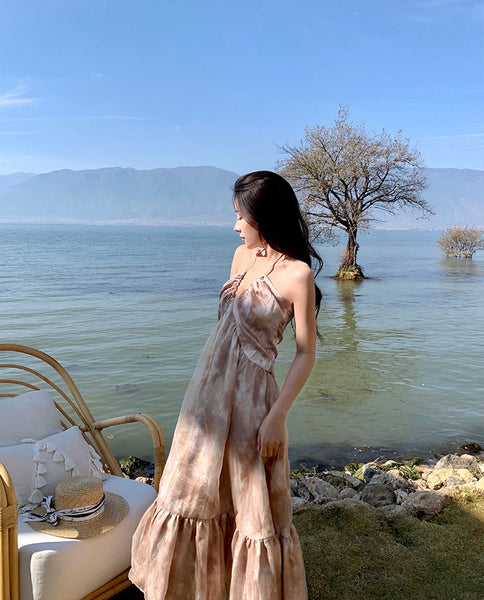Cozy Seaside Summer Holiday Organza Halter Tie Dye Strap Wrap Bust Pleated Hem Long A-Line Women Dress