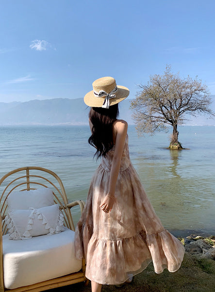 Cozy Seaside Summer Holiday Organza Halter Tie Dye Strap Wrap Bust Pleated Hem Long A-Line Women Dress