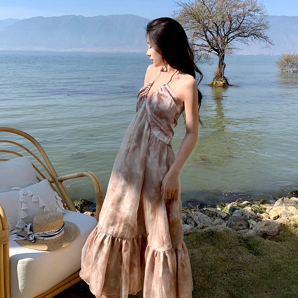 Cozy Seaside Summer Holiday Organza Halter Tie Dye Strap Wrap Bust Pleated Hem Long A-Line Women Dress