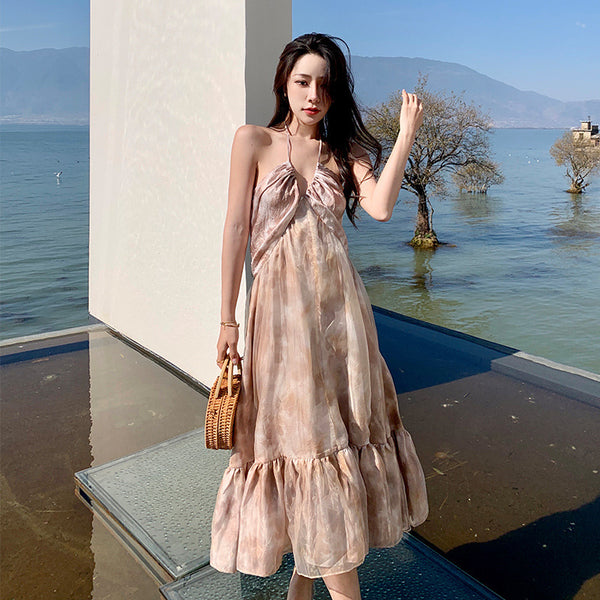 Cozy Seaside Summer Holiday Organza Halter Tie Dye Strap Wrap Bust Pleated Hem Long A-Line Women Dress