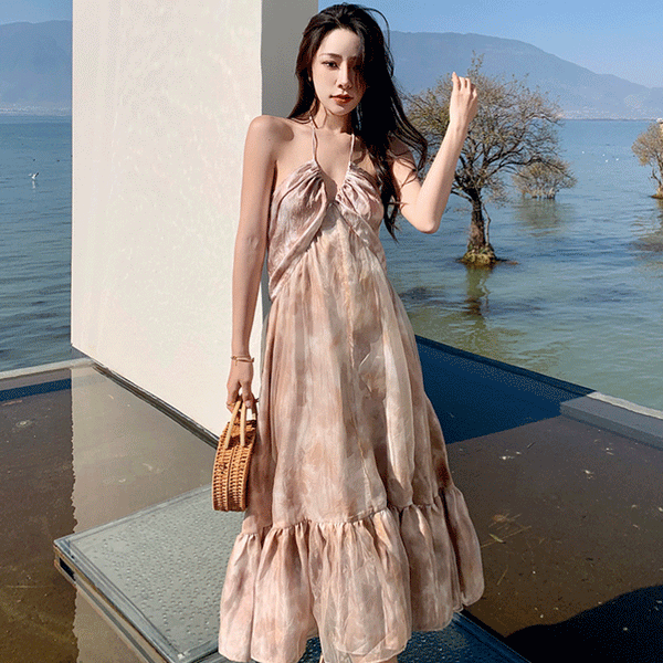Cozy Seaside Summer Holiday Organza Halter Tie Dye Strap Wrap Bust Pleated Hem Long A-Line Women Dress