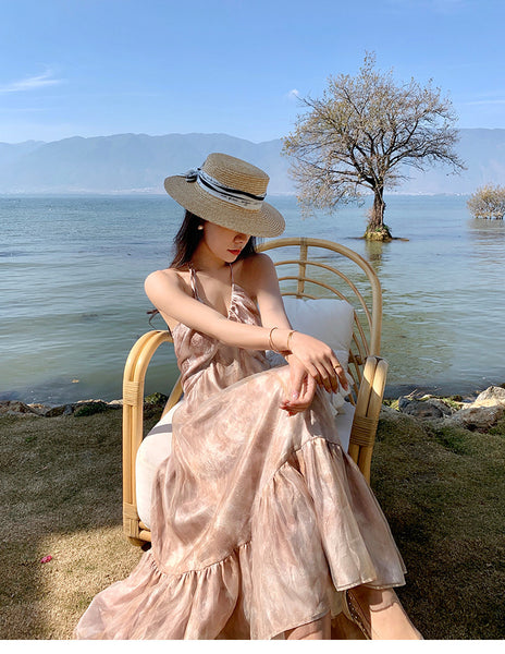 Cozy Seaside Summer Holiday Organza Halter Tie Dye Strap Wrap Bust Pleated Hem Long A-Line Women Dress