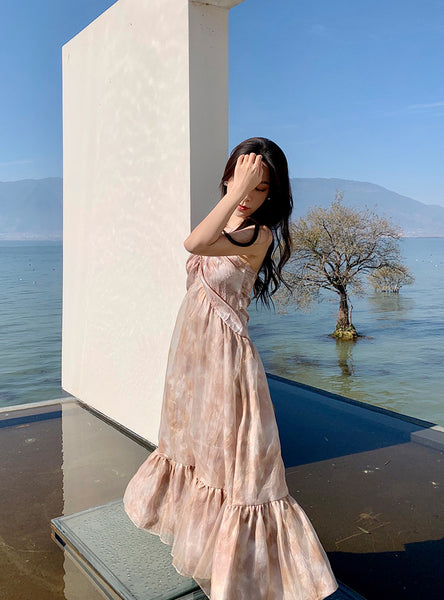 Cozy Seaside Summer Holiday Organza Halter Tie Dye Strap Wrap Bust Pleated Hem Long A-Line Women Dress